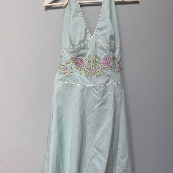 Blue and White Stripe with Embroidery Halter Dress - Picture 3 of 10